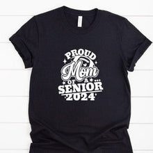Load image into Gallery viewer, Proud Mom Of A Senior Football Player 2024 Black T Shirt With White Image