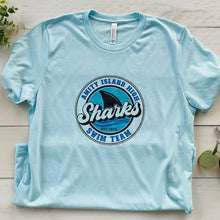Load image into Gallery viewer, Amity Island Sharks Swim Team T Shirt Ice Blue Shirt Shark Logo