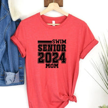 Load image into Gallery viewer, Senior Swim Mom 2024 Style C Red T Shirt With Black Image