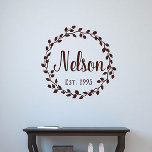 Last Name Vine Wreath With Established Date Vinyl Wall Decal 22601
