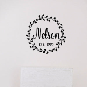 Last Name Vine Wreath With Established Date Vinyl Wall Decal 22601