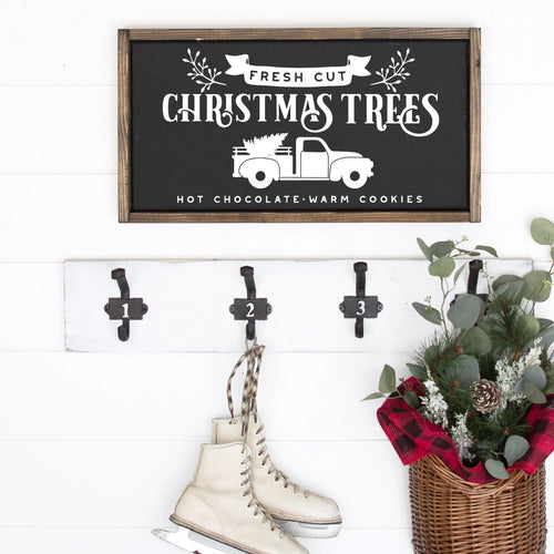Fresh Cut Christmas Trees Painted Wood Sign Black Board White Lettering