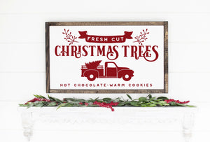 Fresh Cut Christmas Trees Painted Framed Wood Sign White Board Red Lettering