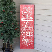 Load image into Gallery viewer, Candy Cane Wishes And Mistletoe Kisses Painted Wooden Porch Sign Red Stain White Lettering