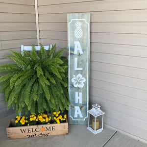 Aloha Porch Welcome Sign Blue Stain White Lettering