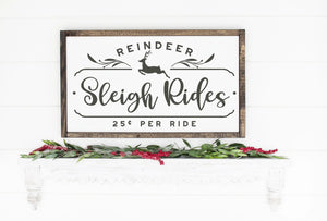 Reindeer Sleigh Rides Painted Wood Sign White Board Red Lettering
