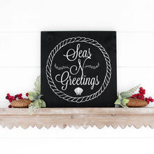 Load image into Gallery viewer, Seas And Greetings Hand Painted Christmas Wood Sign Black Board White Letters