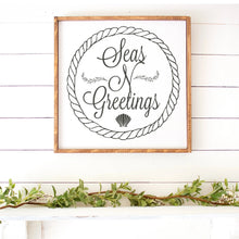 Load image into Gallery viewer, Seas And Greetings Hand Painted Christmas Wood Sign White Board Charcoal Letters