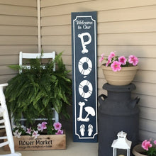 Load image into Gallery viewer, Welcome To Our Pool Wooden Sign Dark Blue Board White Lettering
