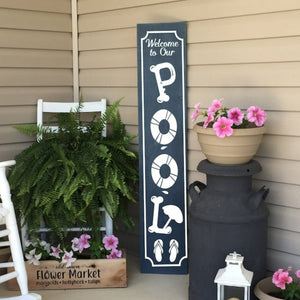 Welcome To Our Pool Wooden Sign Dark Blue Board White Lettering