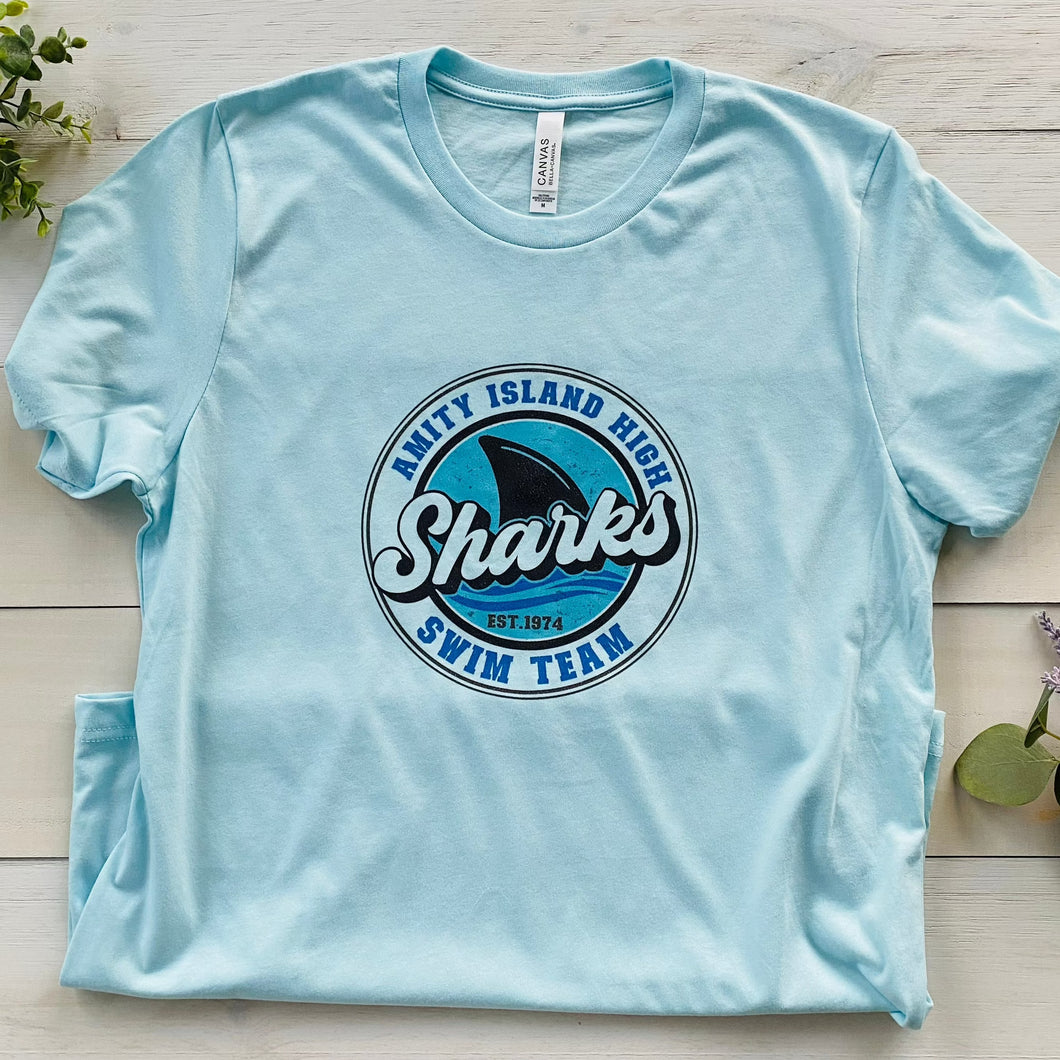 Amity Island Sharks Swim Team T Shirt Ice Blue Shirt Shark Logo