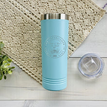 Load image into Gallery viewer, Know And Grow In Christ Skinny 22 oz Stainless Steel Tumbler Teal Laser Engraved Image