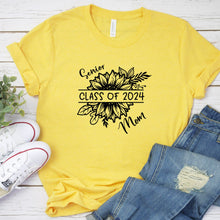 Load image into Gallery viewer, Senior Mom 2024 Sunflower T Shirt Heather Gold Shirt Black Image