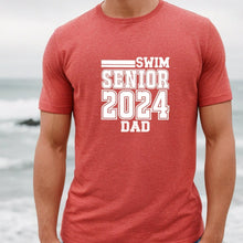 Load image into Gallery viewer, Senior Swim Dad 2024 Style C Red T Shirt With White Image