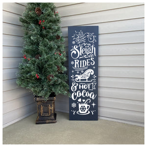 Sleigh Rides And Hot Chocolate Painted Wooden Porch Sign Dark Blue Board White Image