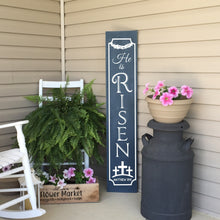 Load image into Gallery viewer, He Is Risen Painted Wood Porch Welcome Sign Dark Blue White Image