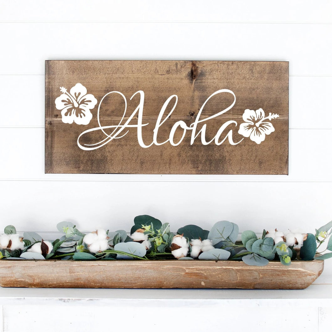 Aloha Hand Painted Wood Sign Dark Walnut Stain White Lettering