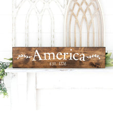 Load image into Gallery viewer, America Established 1776 Wood Sign Dark Walnut White Letters