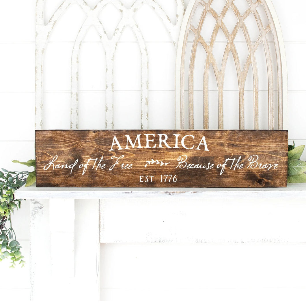 America Land Of The Free Sign Dark Walnut White Letters