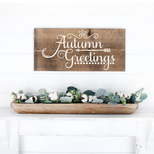 Autumn Greetings Hand Painted Wood Sign Dark Walnut Board White Lettering