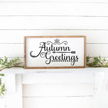 Load image into Gallery viewer, Autumn Greetings Hand Painted Wood Framed Sign White Board Black Lettering