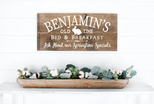 Load image into Gallery viewer, Benjamins Old Time Bed And Breakfast Painted Wood Sign Dark Walnut