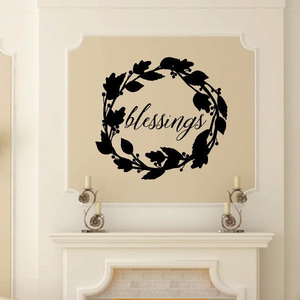 Blessings Script With Wreath Vinyl Wall Decal 22588