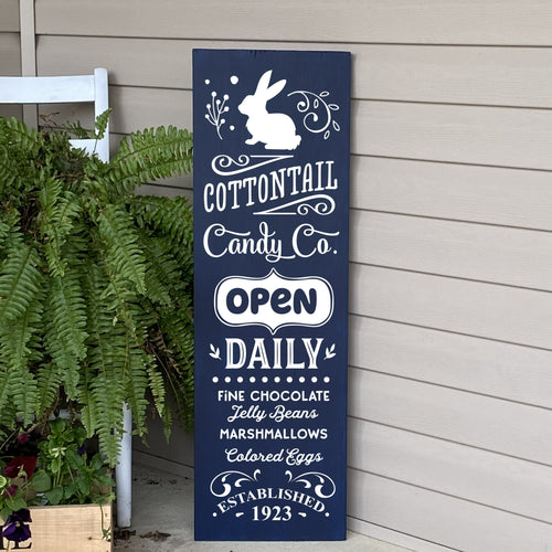 Cottontail Candy Company Painted Wood Porch Welcome Sign Dark Blue With White Image