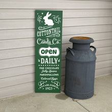 Load image into Gallery viewer, Cottontail Candy Company Painted Wood Porch Welcome Sign Green Board White Image