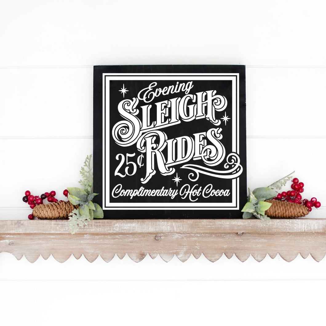 Evening Sleigh Rides Handed Painted Wood Christmas Sign Black Board White Letters