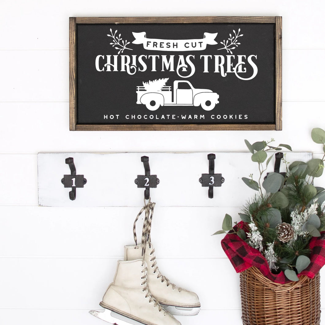 Fresh Cut Christmas Trees Painted Wood Sign Black Board White Lettering