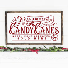Load image into Gallery viewer, Hand Rolled Candy Canes Painted Wood Sign White Board Red Lettering