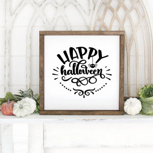 Happy Halloween Hand Painted Framed Wood Sign Small White Board Black Lettering