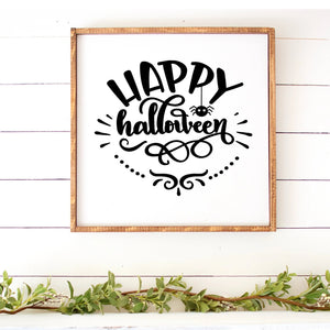 Happy Halloween Hand Painted Framed Wood Sign Large White Board Black Lettering