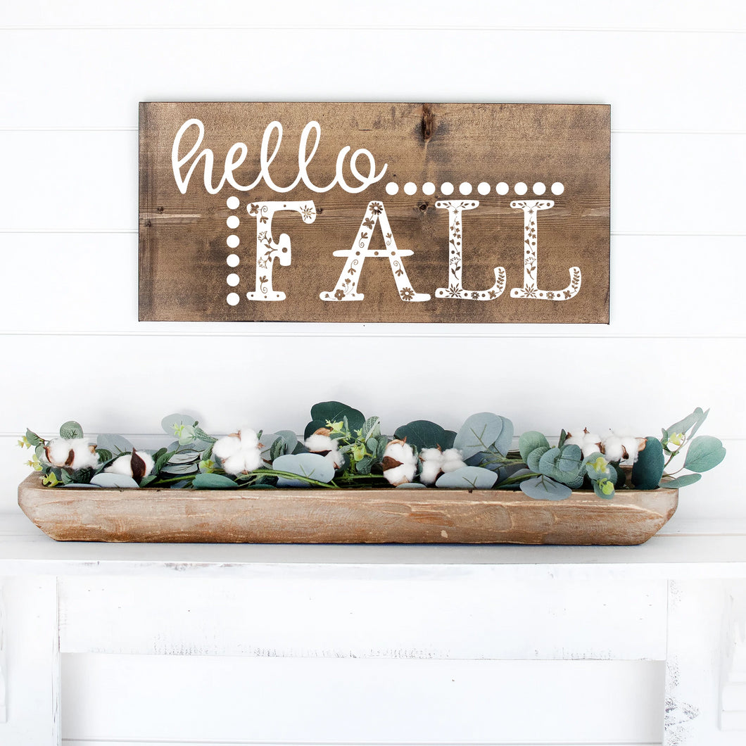 Hello Fall Hand Painted Wood Sign Dark Walnut Stain White Letters