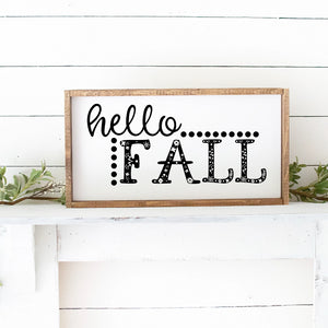 Hello Fall Framed Hand Painted Wood Sign White Board Black Lettering