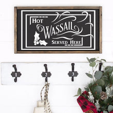Load image into Gallery viewer, Hot Wassail Served Here Painted Wood Sign White Lettering On Black Board