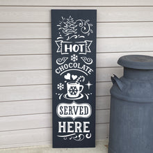 Load image into Gallery viewer, Hot Chocolate Served Here Wooden Painted Welcome Sign Black Board White Letters