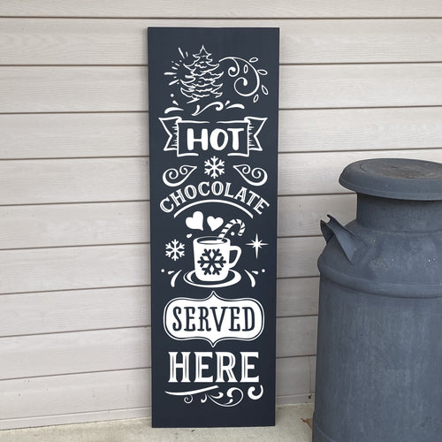 Hot Chocolate Served Here Wooden Painted Welcome Sign Black Board White Letters