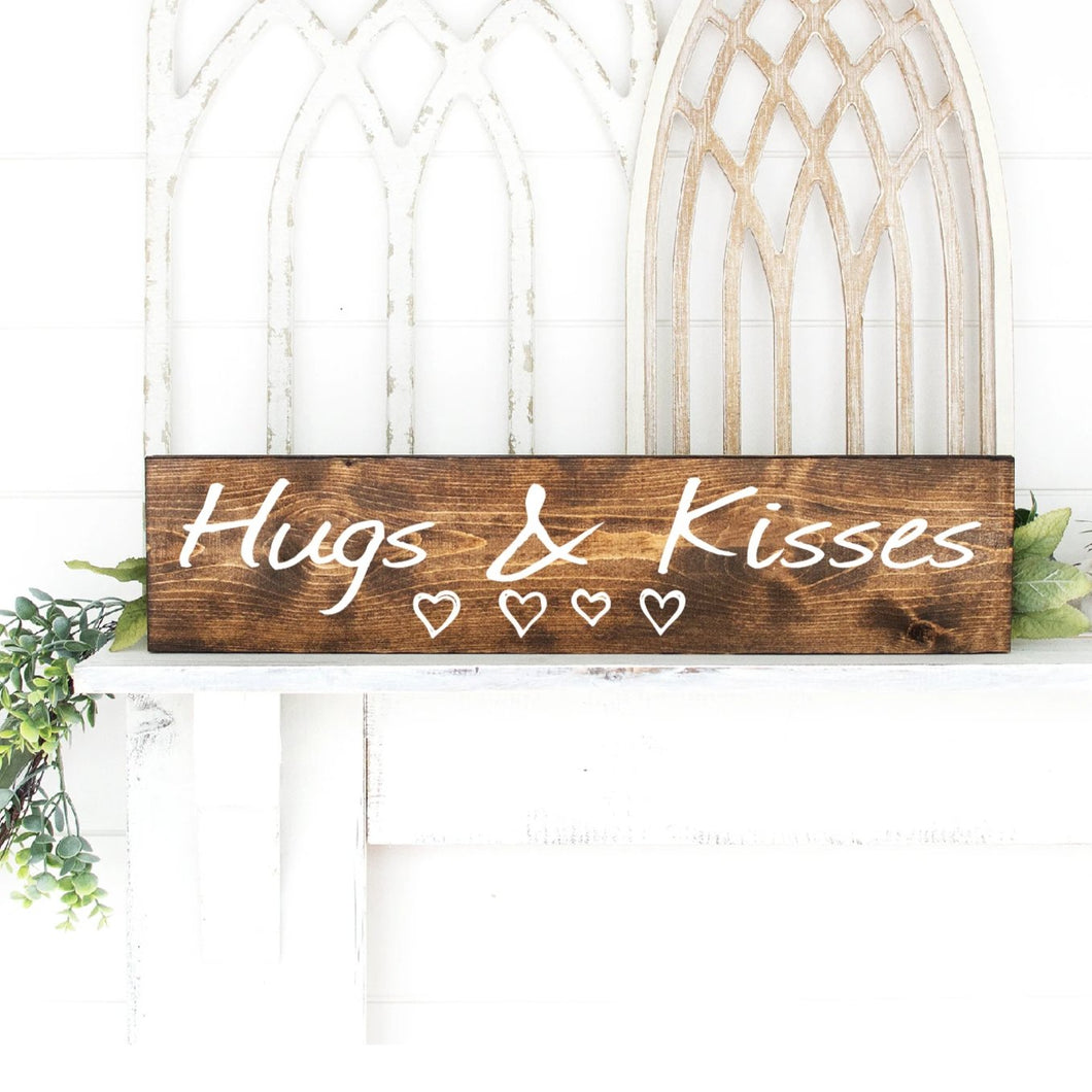 Hugs And Kisses Wood Sign Dark Walnut Stain White Lettering