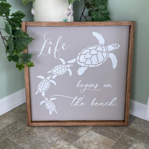 Life Begins On The Beach With Sea Turtles Wood Sign Gray Board White Image