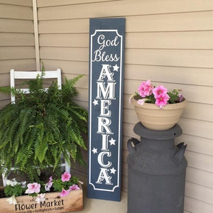 God Bless America Porch Welcome Sign Dark Blue Board White Lettering