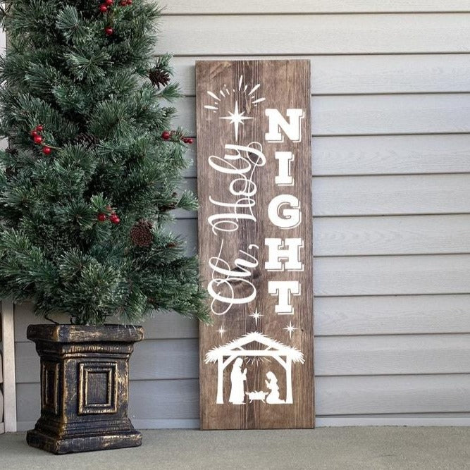 Oh Holy Night Christmas Porch Sign Dark Walnut With White Lettering