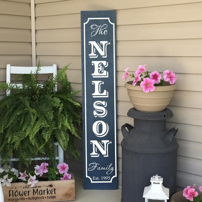 Last Name Welcome Porch Sign Dark Blue Board White Lettering