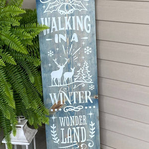 Walking In A Winter Wonderland Wooden Porch Sign Blue Stain Board White Lettering