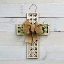 Load image into Gallery viewer, Rattan Style Cross Door Hanger Laser Cut With Burlap Ribbon And Greenery