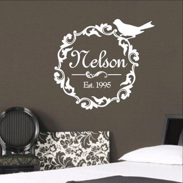 Family Name Decal - Damask Wreath With Bird Wall Decal 3 22256 - Cuttin' Up Custom Die Cuts - 1