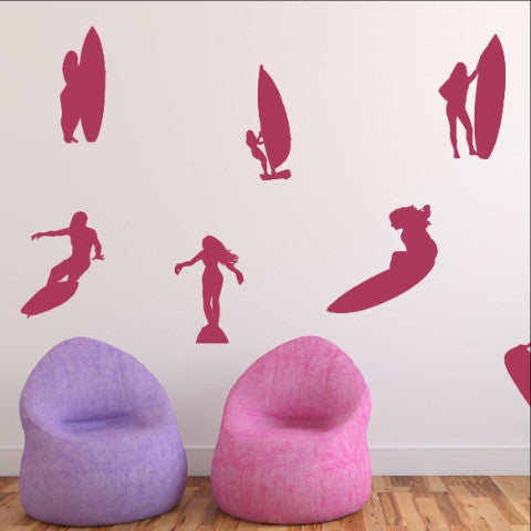 Surfer Girl Silhouettes Variety Set of 8 Vinyl Wall Decals 22434 - Cuttin' Up Custom Die Cuts - 1