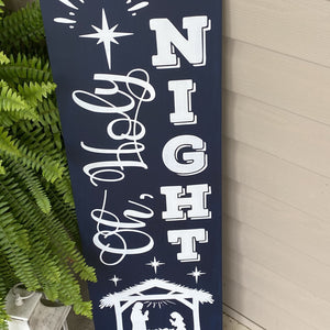 Oh Holy Night Painted Wooden Porch Sign Dark Blue Board White Lettering