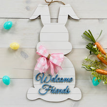 Load image into Gallery viewer, Welcome Friends Bunny Shaped White Shiplap Style Wooden Door Hanger With Pink Bow